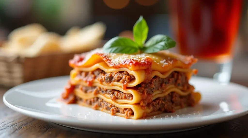 A slice of classic lasagna on a white plate, showing distinct layers of pasta, meat sauce, béchamel, and cheese, garnished with basil.