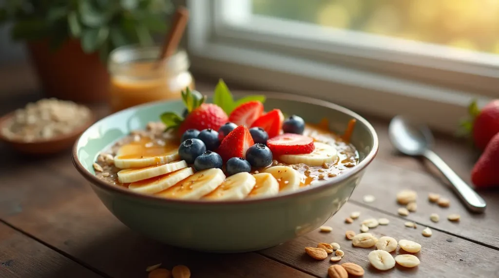 A bowl of creamy almond butter oatmeal topped with fresh bananas, strawberries, and blueberries, drizzled with almond butter and sprinkled with chia seeds, placed on a rustic wooden table with soft natural light.