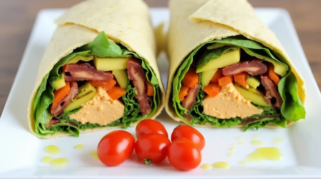 Grilled veggie and hummus wrap cut open to reveal colorful layers.