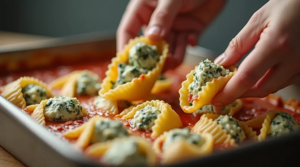 Hands filling jumbo pasta shells with spinach and ricotta filling, placed over marinara sauce in a baking dish.