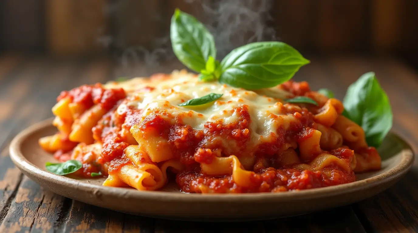 Plated baked ziti with sausage topped with golden melted cheese and garnished with fresh basil, served on a rustic wooden table.