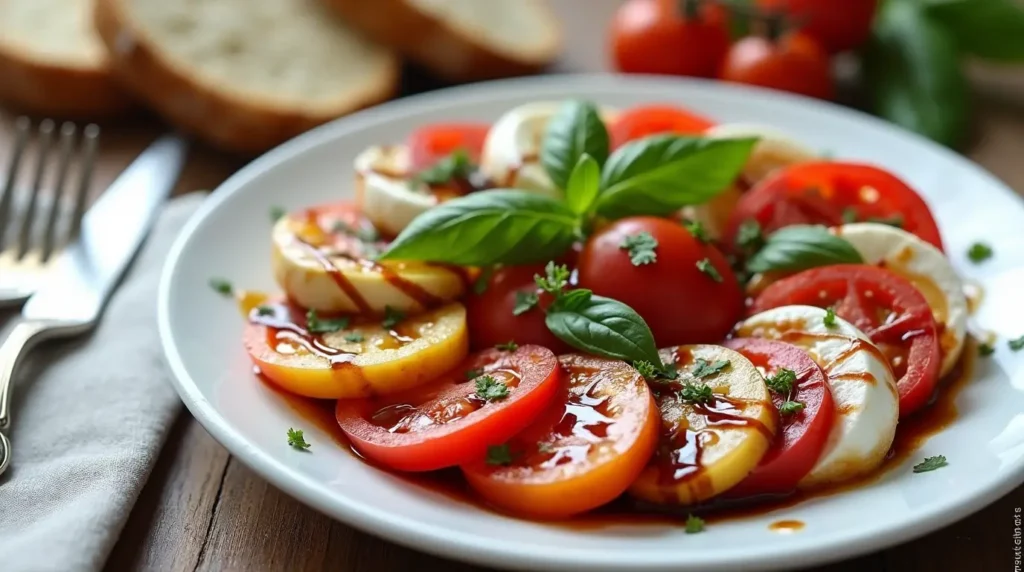A plated Caprese salad with balsamic glaze, tomatoes, mozzarella, and basil arranged in a spiral, garnished with sea salt and olive oil.