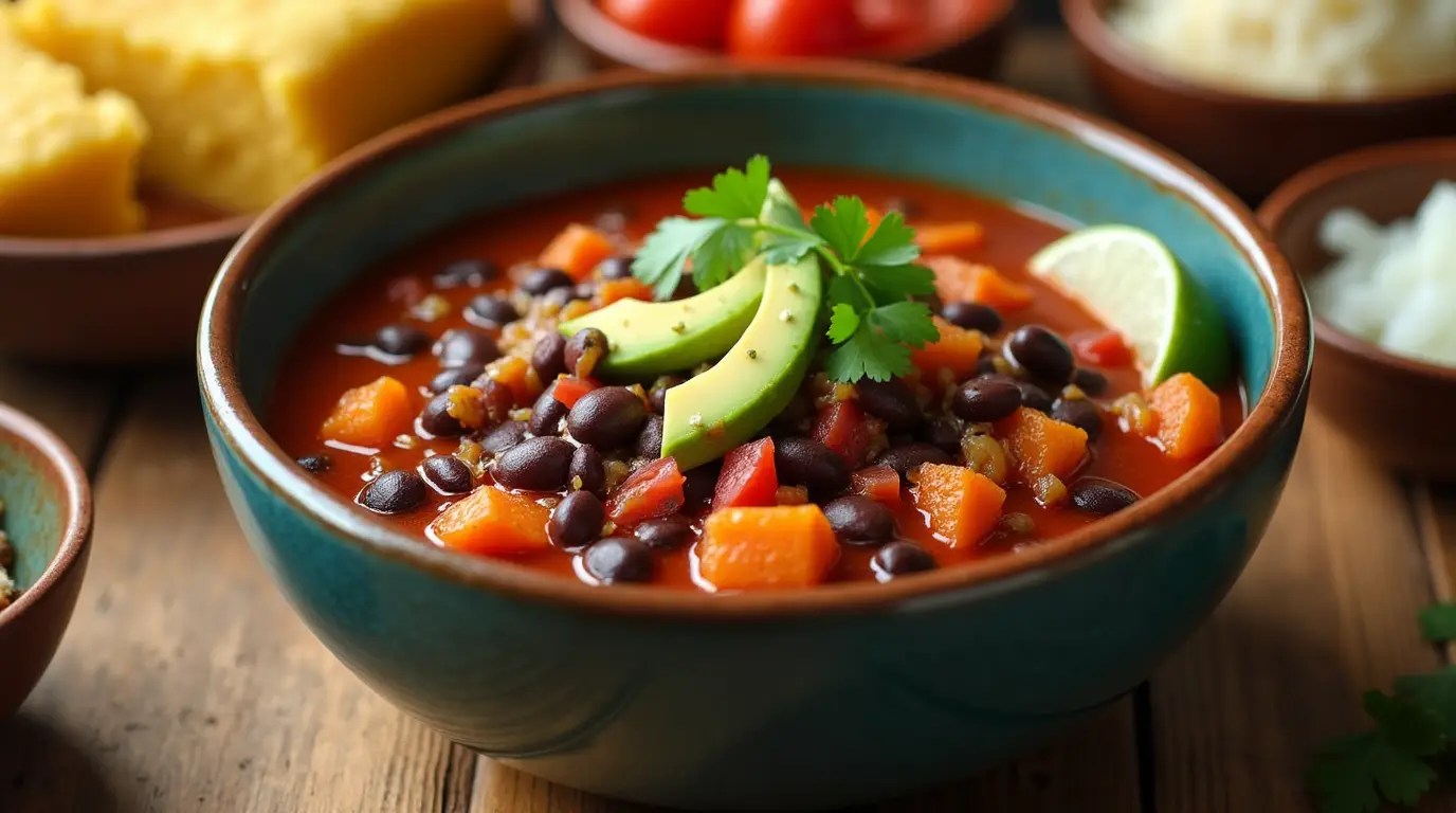 A bowl of black bean chili with sweet potatoes, garnished with cilantro, avocado, and lime, served on a rustic table with cornbread and spices.