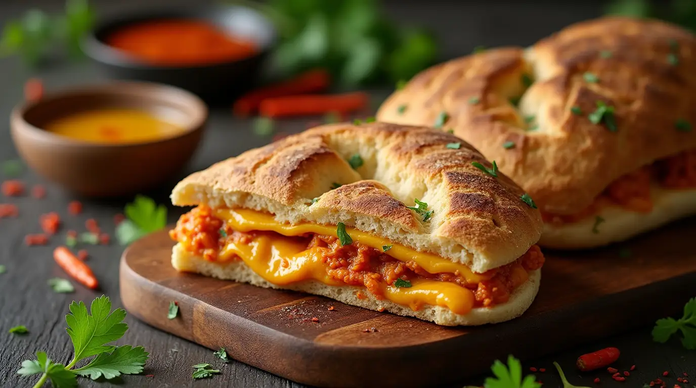 Freshly grilled Bombay chilli cheese ciabatta sandwich with gooey cheese and spicy filling on a wooden board with herbs and spices.
