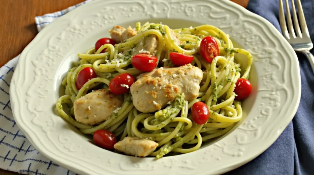 Chicken pesto pasta with grilled chicken, cherry tomatoes, and Parmesan.