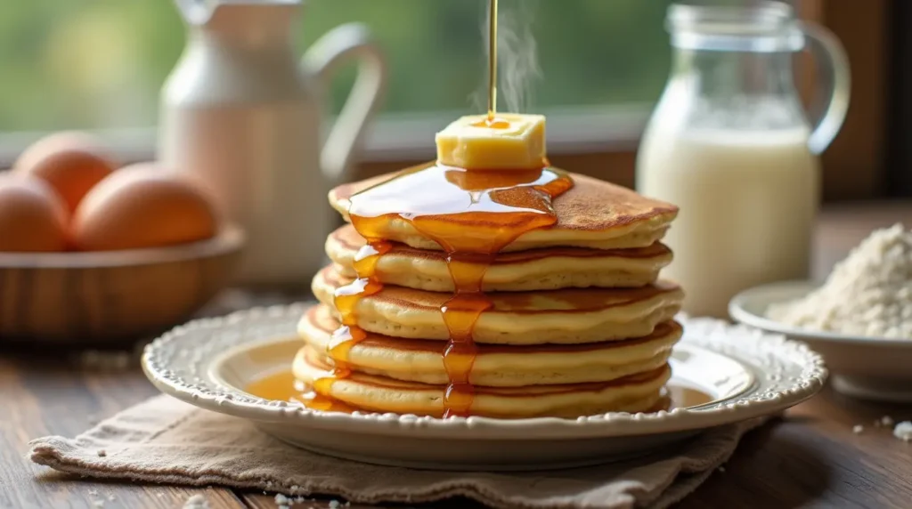 A stack of golden traditional pancakes topped with butter and drizzled with maple syrup on a rustic wooden table.
