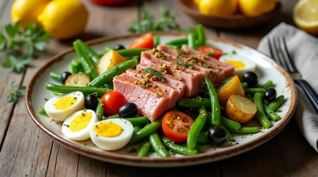 A classic Tuna Niçoise Salad with green beans, boiled eggs, cherry tomatoes, potatoes, olives, and tuna drizzled with olive oil vinaigrette.