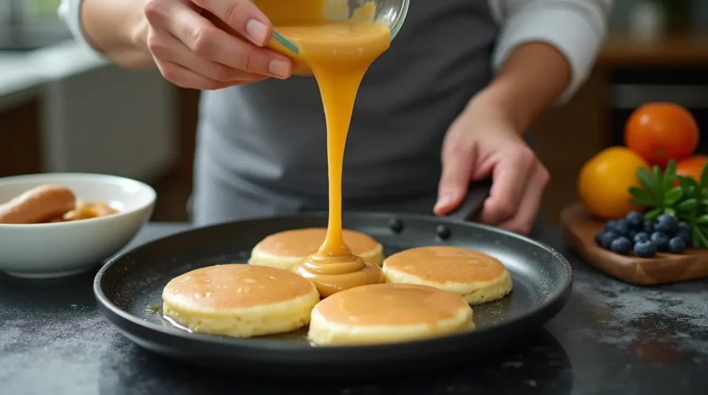 A chef pouring pancake batter onto a hot griddle, with bubbles forming on the pancake's surface and fresh ingredients in the background.