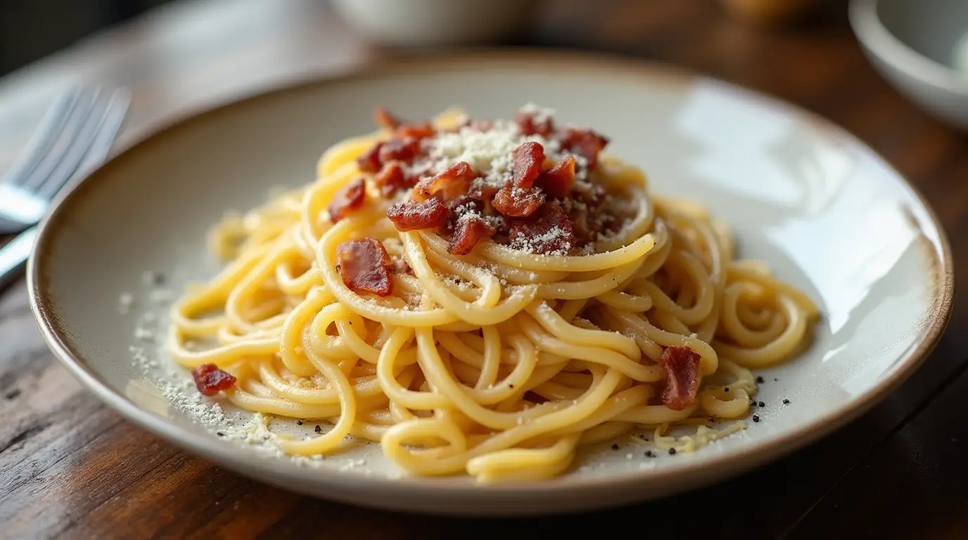 A plate of creamy Spaghetti Carbonara garnished with grated cheese, turkey bacon bits, and black pepper on a rustic wooden table.