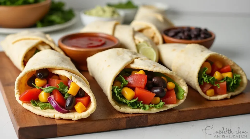 Platter with creative variations of hummus wraps.
