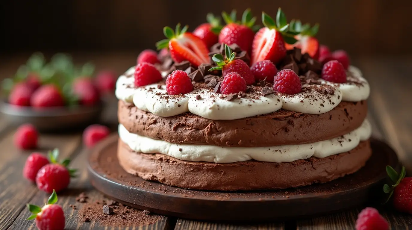 A decadent chocolate pavlova cake with a cocoa-swirled meringue base, topped with whipped cream, dark chocolate shavings, and fresh berries on a rustic wooden table.