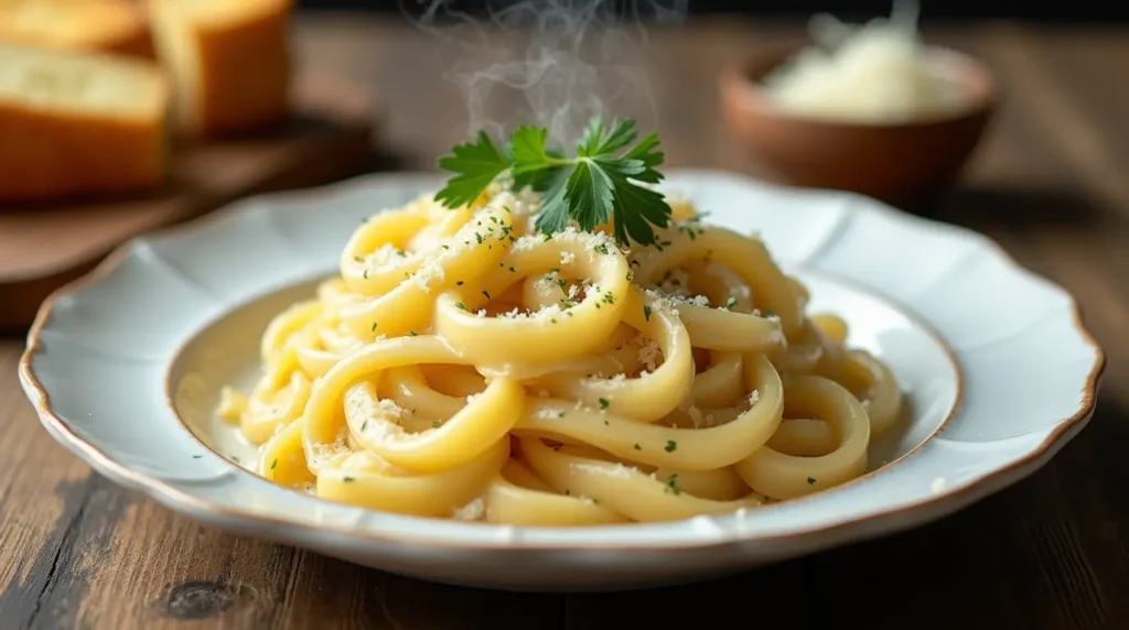 A plated dish of creamy Fettuccine Alfredo garnished with parsley and Parmesan, served with garlic bread on a rustic table.