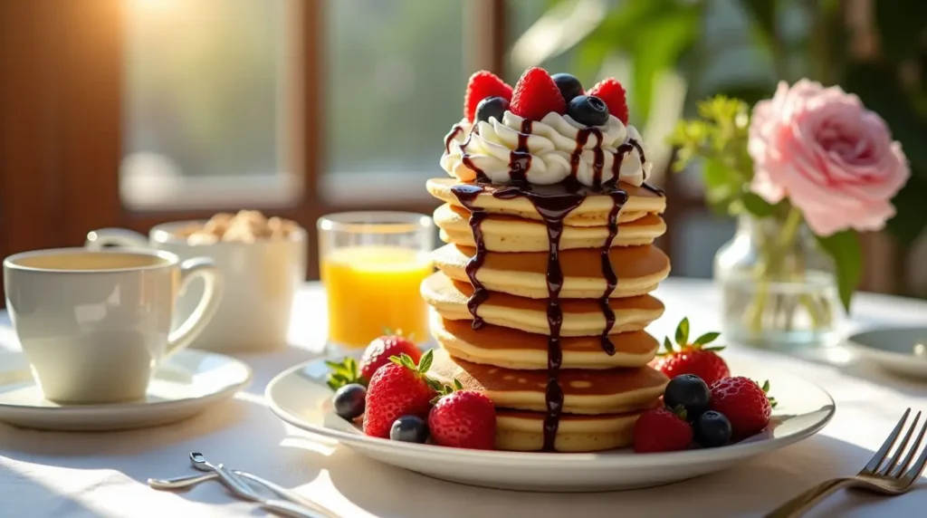 A luxurious stack of fluffy pancakes topped with whipped cream, fresh berries, and chocolate syrup on an elegant breakfast table.