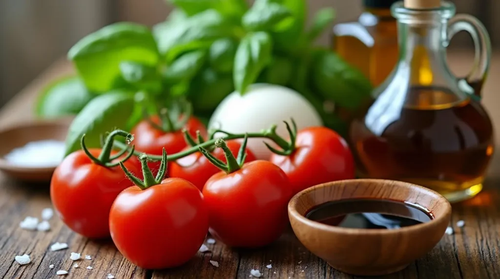 Fresh ingredients for a Caprese salad including tomatoes, mozzarella, basil leaves, olive oil, balsamic glaze, and sea salt on a rustic wooden countertop.