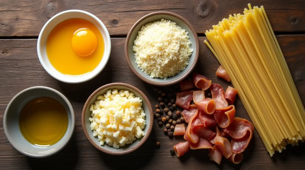 Flat lay of Spaghetti Carbonara ingredients, including egg yolks, Pecorino Romano cheese, spaghetti, turkey bacon, black pepper, and olive oil.