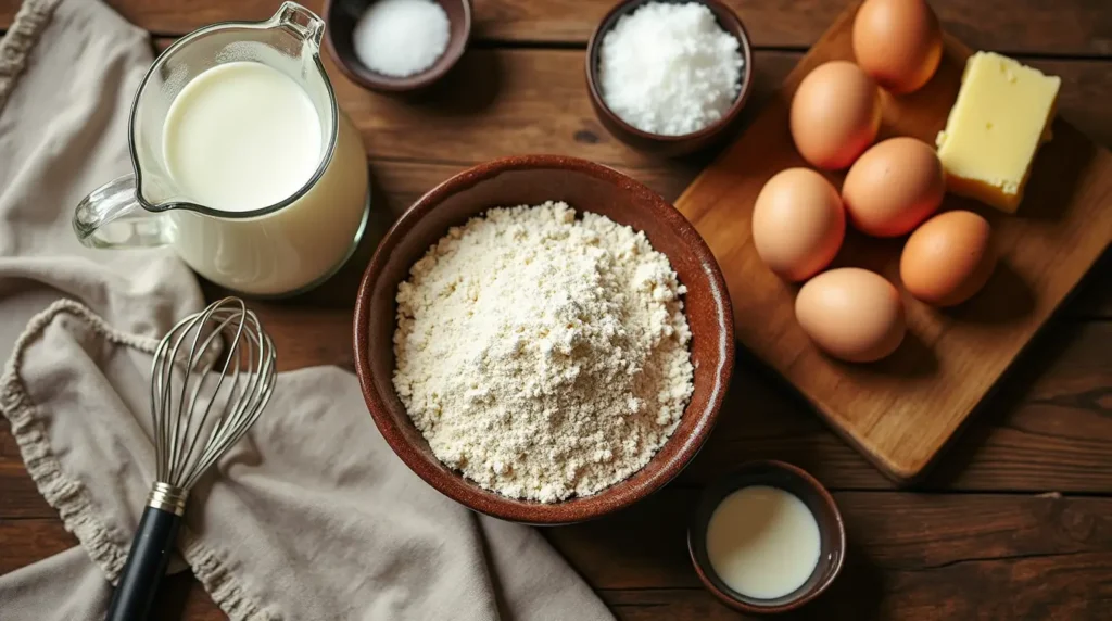 A flat-lay photo featuring essential pancake ingredients: sifted flour in a bowl, a jug of milk, cracked eggs, sugar, butter, a whisk, and a measuring cup on a rustic wooden counter.