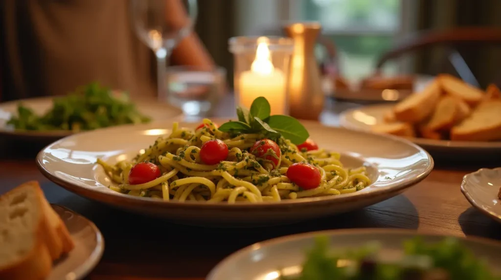 Cozy dinner table with a serving bowl of pesto pasta and cherry tomatoes, surrounded by side dishes and warm lighting.