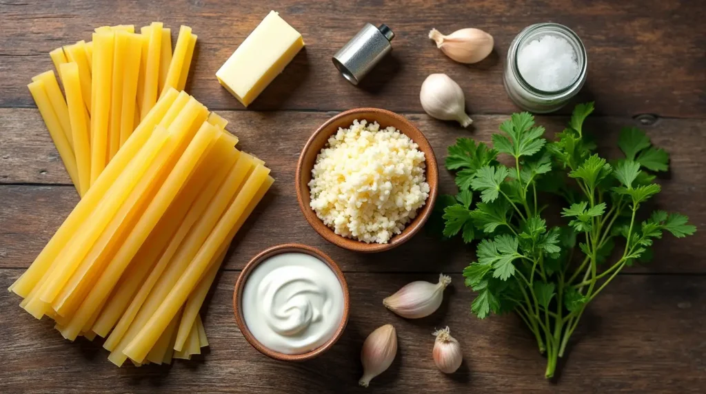 Flat lay of Fettuccine Alfredo ingredients, including pasta, butter, Parmesan cheese, heavy cream, parsley, garlic, salt, and pepper.