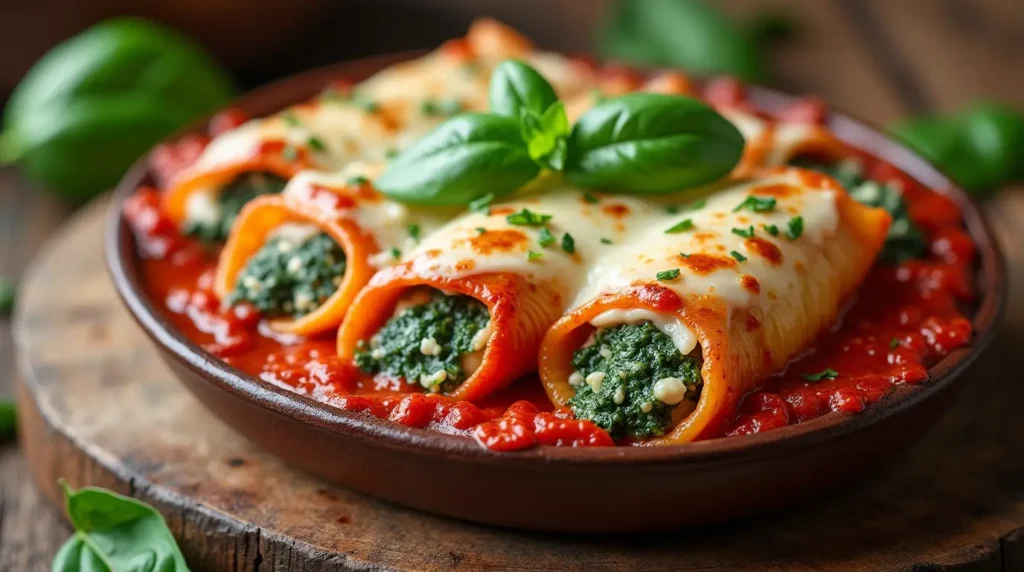 Baked spinach and ricotta stuffed shells topped with melted mozzarella and garnished with fresh basil on a rustic wooden table.