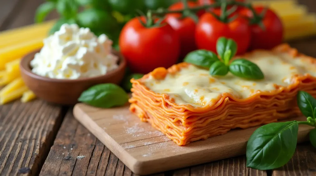 Fresh lasagna ingredients including tomatoes, pasta sheets, ricotta, mozzarella, basil, and béchamel sauce on a rustic countertop.