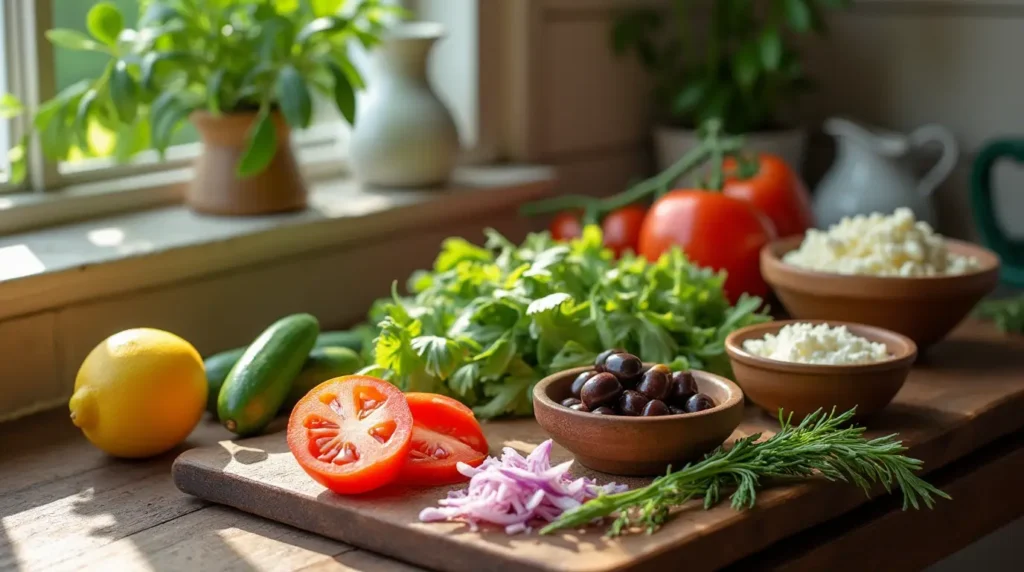 Fresh ingredients for Greek salad, including cucumbers, tomatoes, olives, feta cheese, and a lemon, arranged on a wooden countertop.