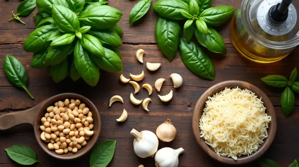 Fresh ingredients for pesto: basil leaves, pine nuts, olive oil, garlic, and Parmesan cheese on a rustic wooden table.