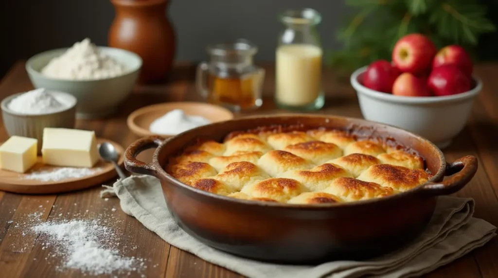 Rustic table with freshly baked cobbler and baking ingredients in a cozy kitchen.