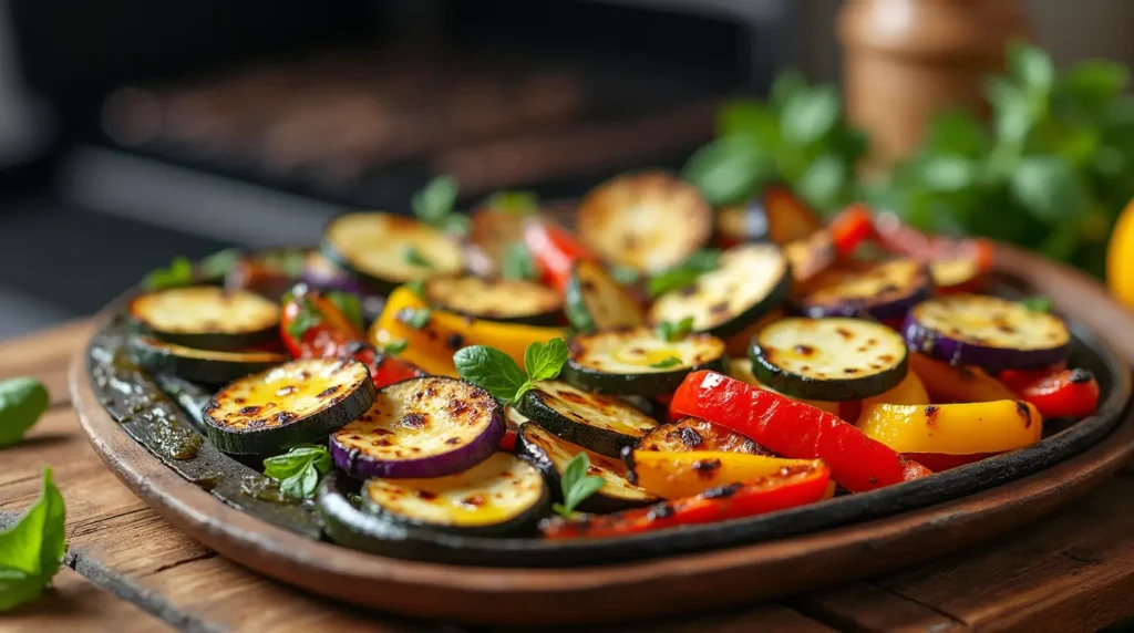 Rustic tray with freshly grilled vegetables for veggie wraps.