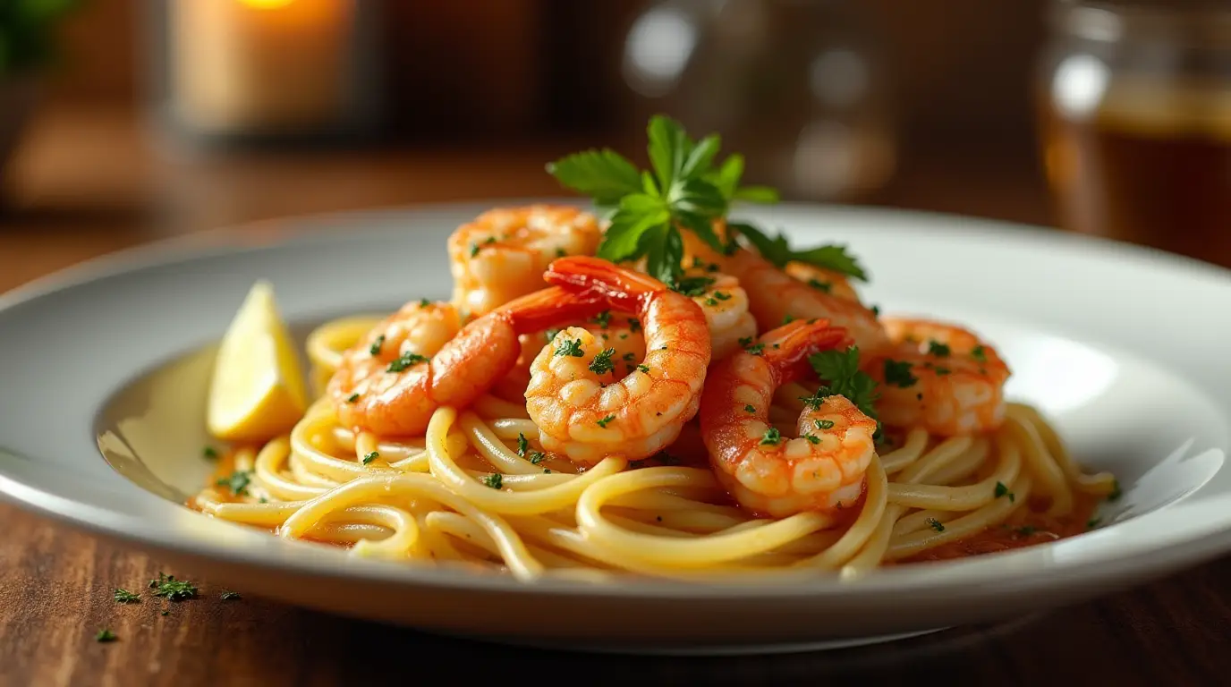 Garlic Butter Shrimp Scampi served over pasta, garnished with parsley and lemon.