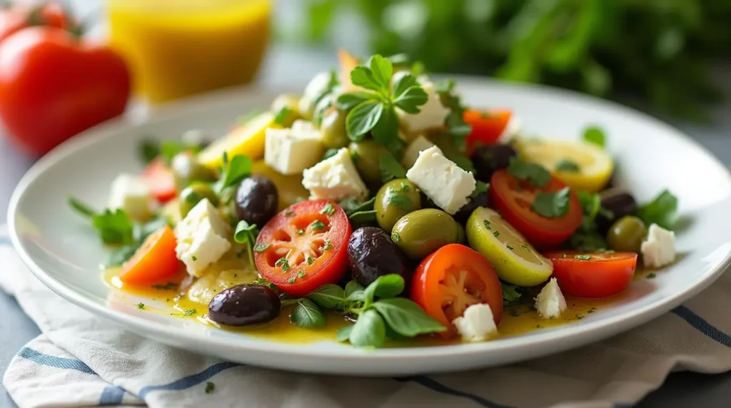 Greek salad with feta, olives, and vegetables drizzled with Greek lemon vinaigrette, alongside a jar of vinaigrette and fresh ingredients.