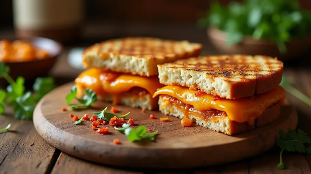 Grilled Bombay chilli cheese ciabatta sandwich sliced to reveal gooey cheese and spicy filling with chutney on the side.