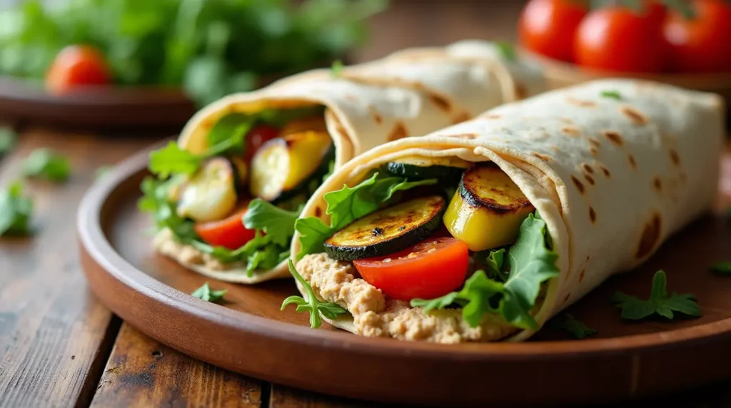 Grilled veggie and hummus wrap with colorful vegetables and creamy hummus on a wooden plate.