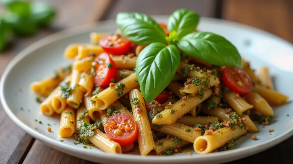 Whole wheat pasta with roasted vegetables and pesto, garnished with fresh basil.