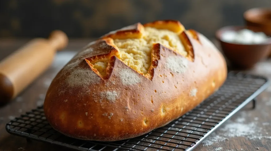 Artisanal ciabatta bread loaf cooling on a wire rack with a golden crust and airy texture in a rustic kitchen setting.