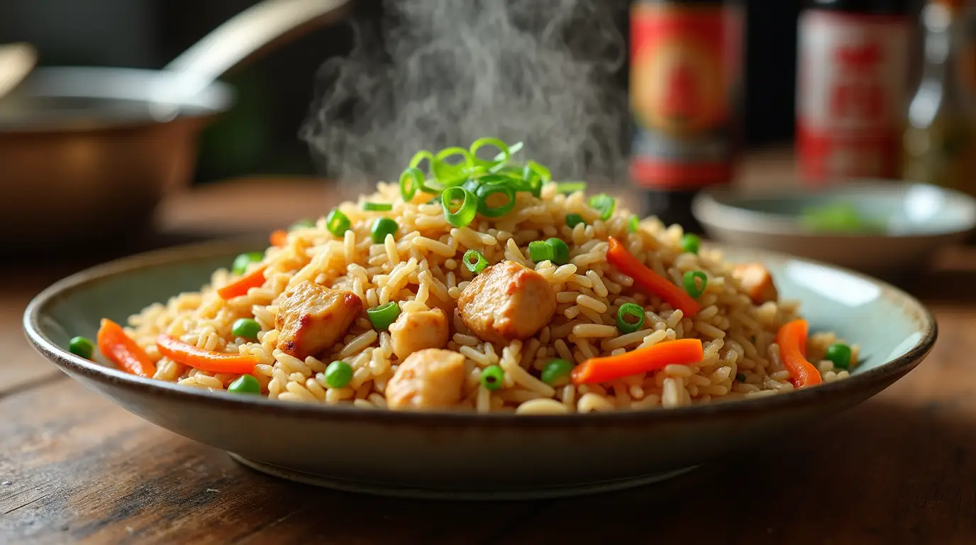 Homemade chicken fried rice with vegetables and chicken pieces, garnished with green onions, served on a rustic wooden table.