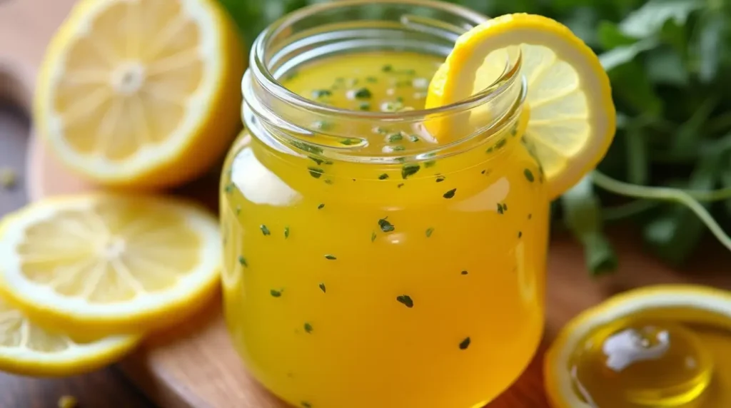 A jar of homemade lemon dressing with oregano, surrounded by fresh lemon slices and olive oil.