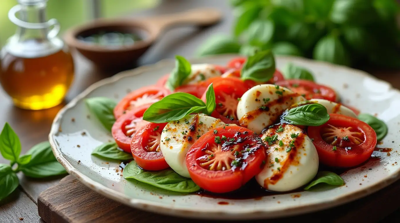 A beautifully plated Caprese salad with fresh slices of ripe tomatoes, creamy mozzarella, vibrant basil leaves, and a glossy drizzle of balsamic glaze on a rustic ceramic plate.