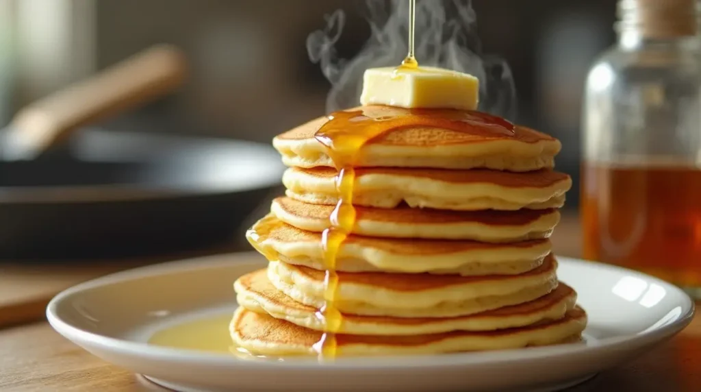 A close-up of fluffy golden pancakes stacked high, topped with melting butter and a drizzle of maple syrup, with cooking tools in the background.