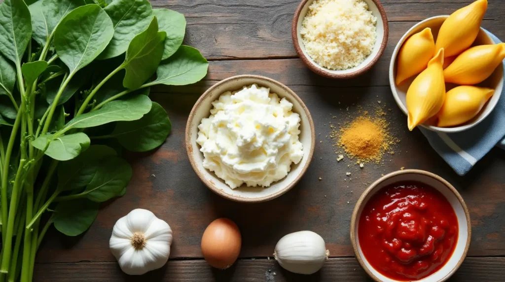 Fresh ingredients for spinach and ricotta stuffed shells, including spinach, ricotta cheese, jumbo pasta shells, and marinara sauce.