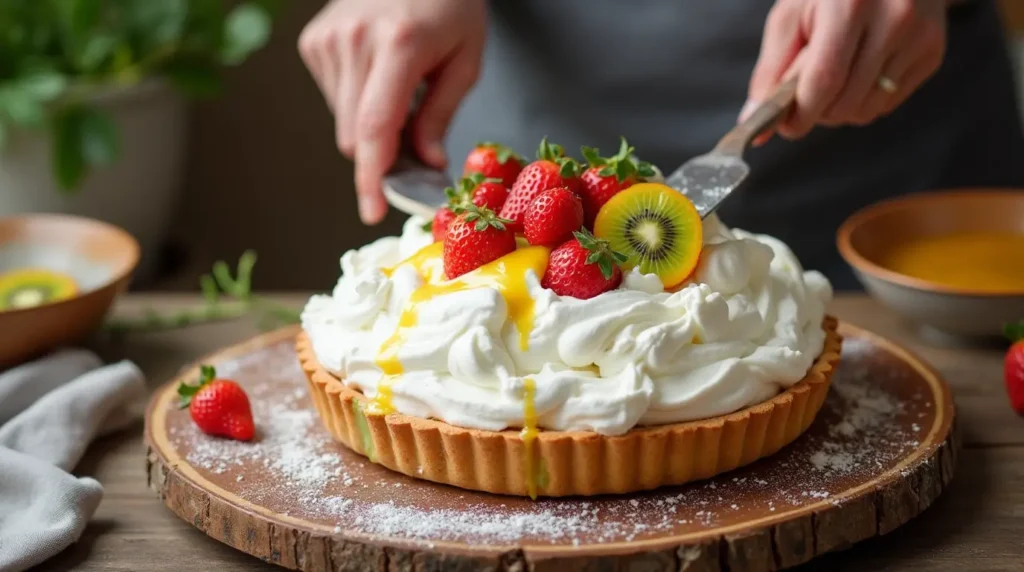 A freshly baked pavlova shell on a wooden table being topped with whipped cream, with fresh fruit and a spatula in the background.