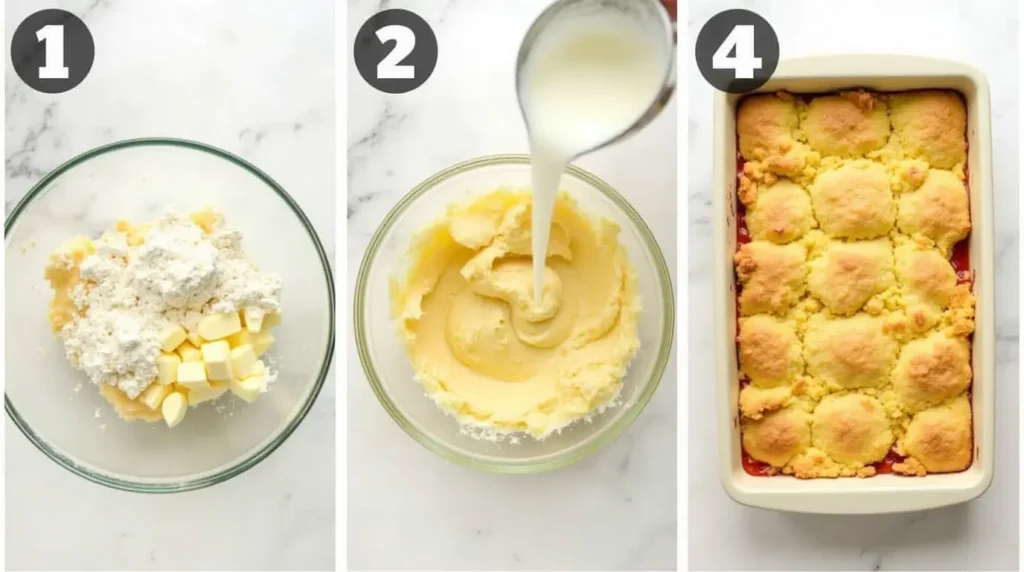 Step-by-step process of making cobbler dough, from mixing to baking.
