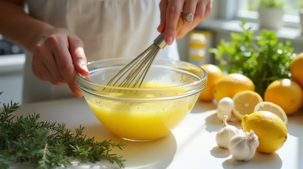 Hands whisking Greek lemon vinaigrette in a bowl with fresh ingredients like olive oil, lemons, garlic, and oregano on a countertop.