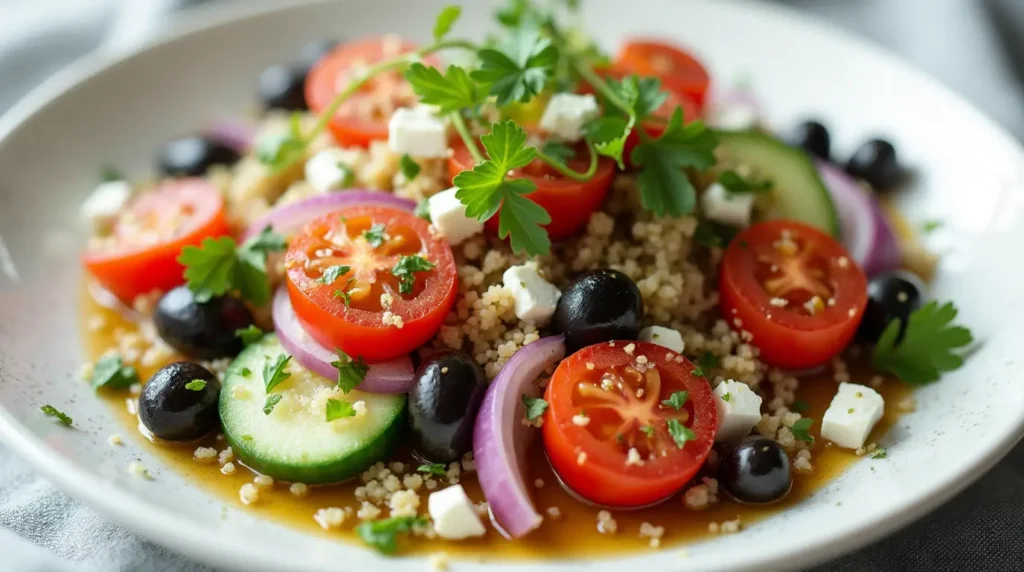 Close-up of a Mediterranean quinoa salad with cherry tomatoes, cucumbers, red onions, Kalamata olives, and feta cheese.