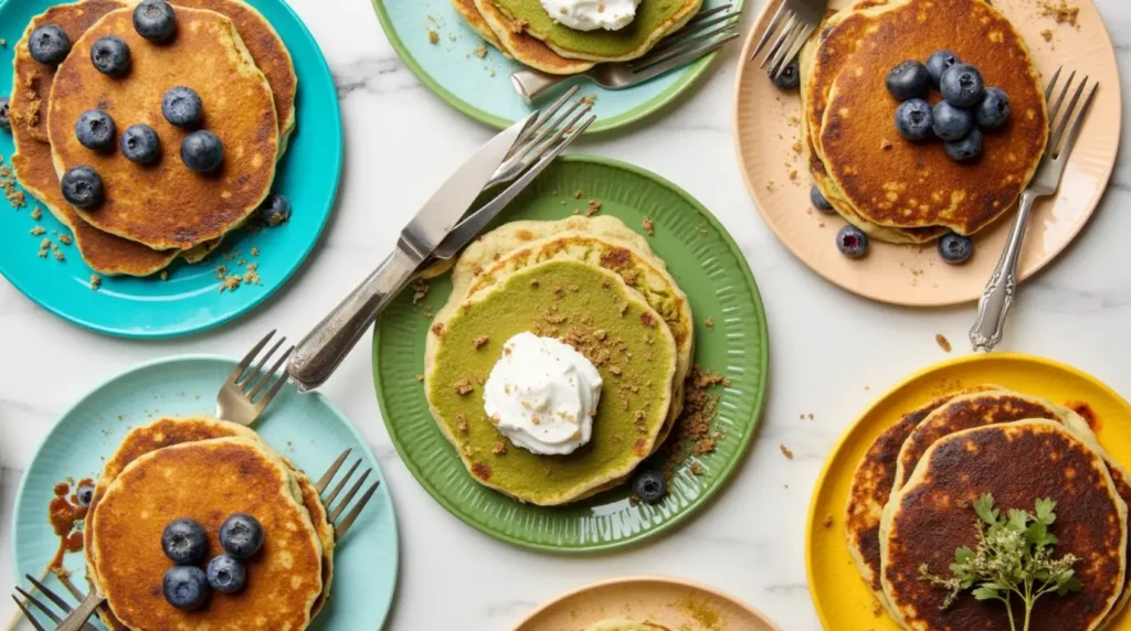 Modern pancakes made with almond flour, matcha, and zucchini, served with blueberries and herbs.
