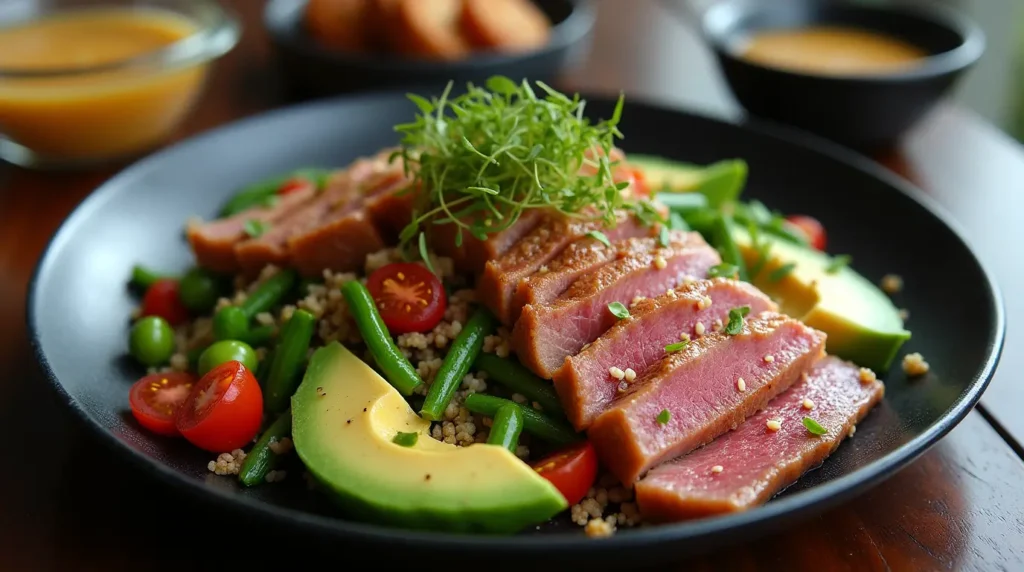 A modern take on Tuna Niçoise Salad with seared tuna, avocado, quinoa, and microgreens arranged on a sleek black plate.