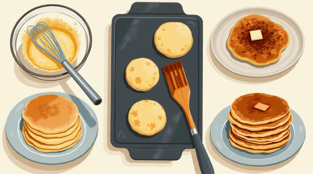 A collage showcasing pancake-making tips: batter consistency, bubbling pancakes on a griddle, and examples of flat vs. fluffy pancakes.