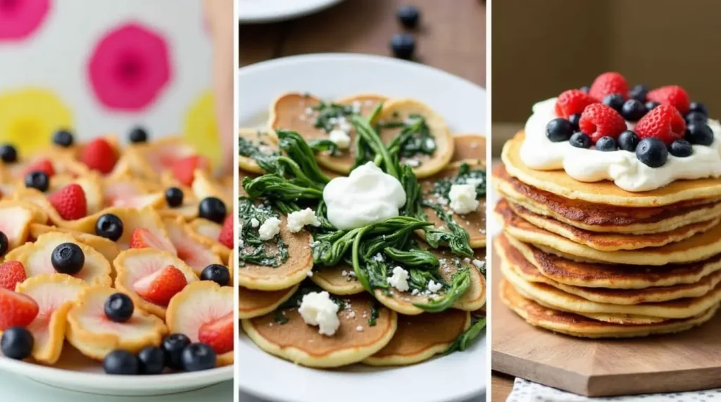 A creative spread of savory spinach pancakes, dessert pancake skewers with fruit, and a layered pancake cake.
