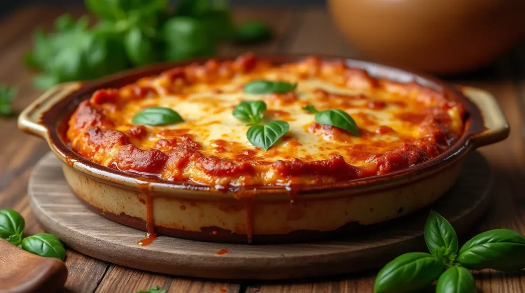 A freshly baked classic lasagna in a ceramic dish with bubbling golden cheese, garnished with parsley and set in a rustic kitchen.