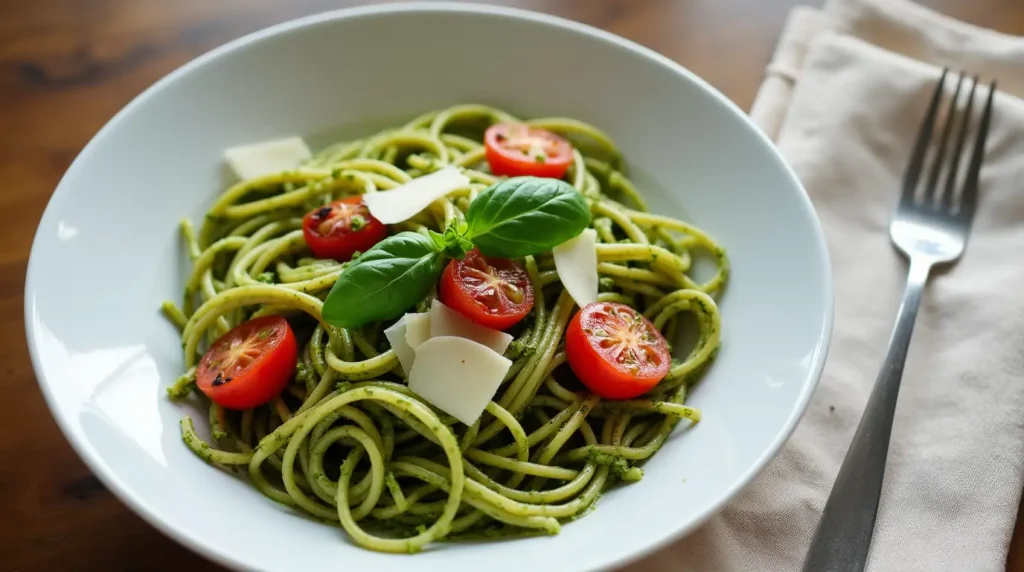 A bowl of pesto pasta with roasted cherry tomatoes, garnished with fresh basil and Parmesan shavings.