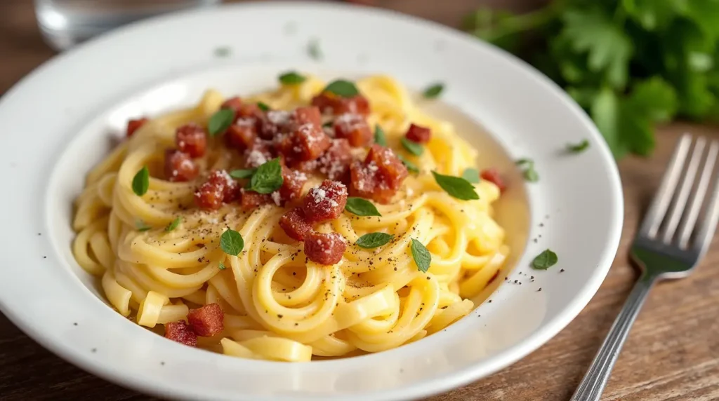 A plate of creamy Spaghetti Carbonara garnished with cheese, bacon bits, and black pepper.